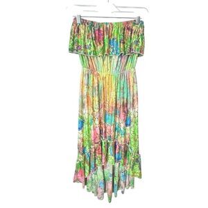Shoreline Strapless Summer Dress Ruffle High Low Metallic Print NWT